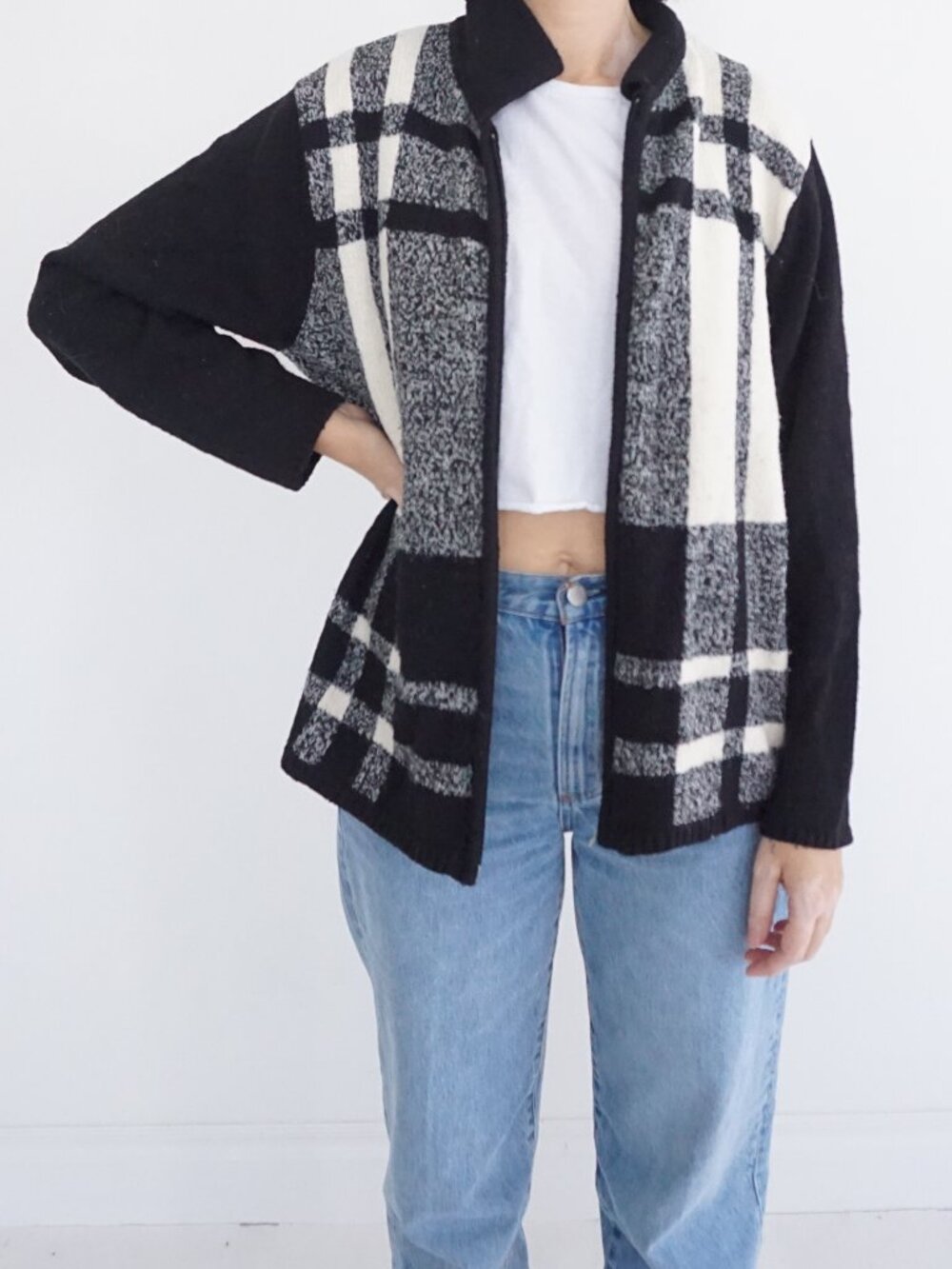 Vintage Alia Black White Plaid Zip Front Knit Cardigan Check Preppy Sweaters M
